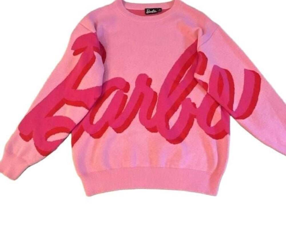 S - Pink Barbie Sweater Logo Spell Out Crew Neck Knit Sweater
